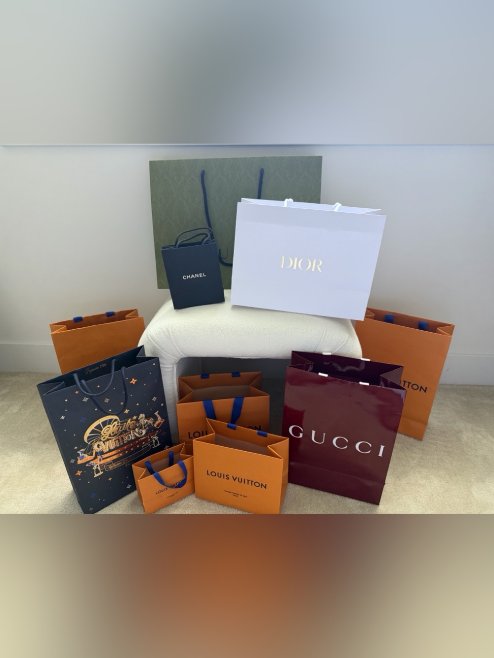 Luxury Designer Shopping Bag Lot - Louis Vuitton, Gucci, Dior, Chanel